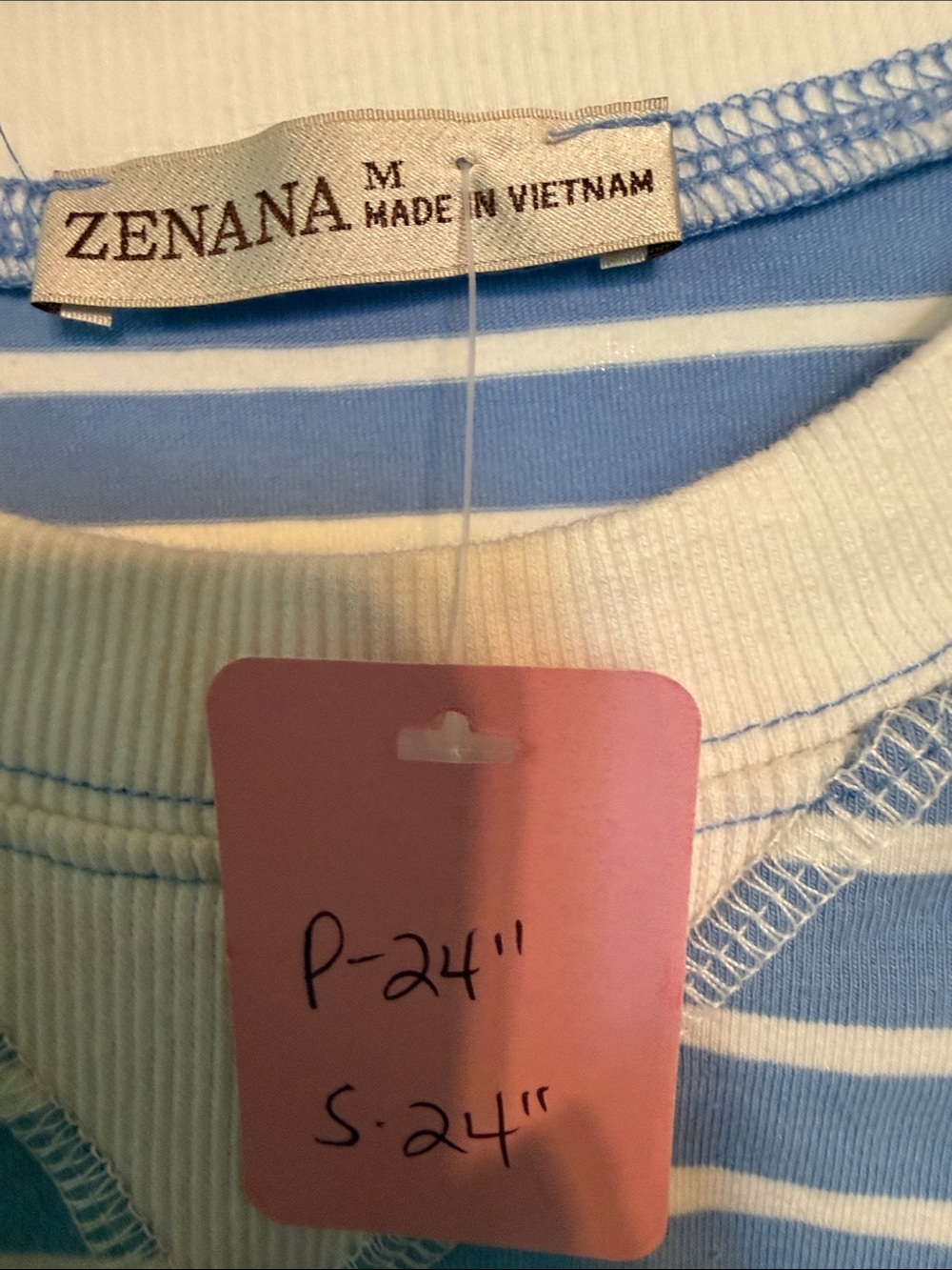 Zenana Striped Short Sleeve Ribbed Trim Top Light Blue White Clean Girl Boxy Fit - Picture 2 of 5